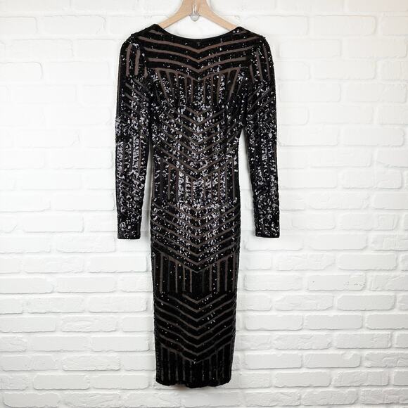 Dress the Population Emery Sequin Dress Long Sleeve Stretch Midi Sheath Black XS - Picture 2 of 11